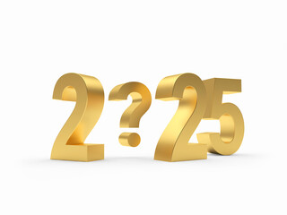 3D illustration of golden number 2025 with question mark.