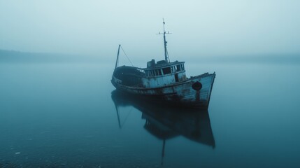 Naklejka premium An abandoned, weathered boat rests in a misty lake, creating a haunting, serene scene that evokes solitude and mysterious nostalgia.