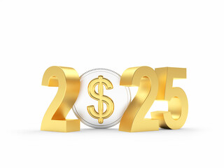 3D illustration 2025 and coin with dollar sign