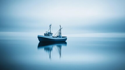 Naklejka premium A fishing boat rests calmly on tranquil waters under a soft blue sky, reflecting a scene of stillness and serenity.