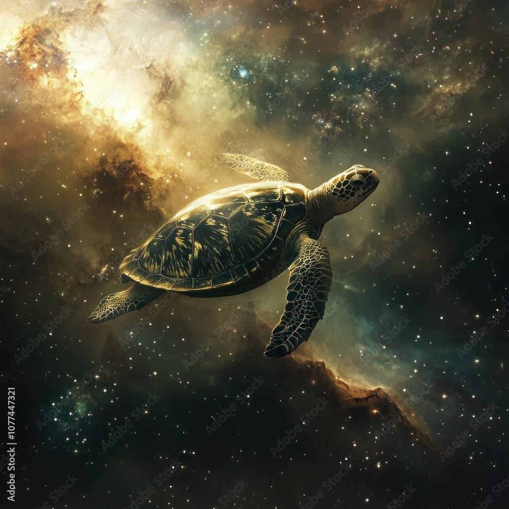 Wall mural a sea turtle floats through a nebula in outer space.