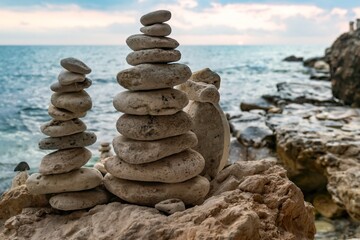 Stone Cairns Beach Ocean Coastal Stone cairns balanced on a rocky outcrop overlooking a blue ocean with a cloudy sky.