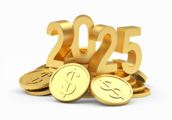 3D illustration of the number 2025 on a pile of dollar coins.