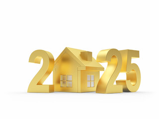 3D illustration golden house icon with 2025 numbers.