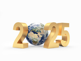 3D illustration of the number 2025 with the planet Earth. Elements of this image courtesy of NASA. 