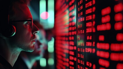 Stock market trader focused on dynamic red data display, immersed in the tension of speculation and numbers.