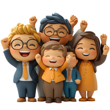A 3D animated cartoon render of a team of diverse cartoon characters celebrating success.