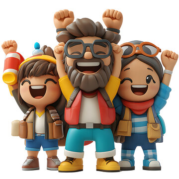 An energetic 3D cartoon illustration of a diverse group of cartoon characters happily celebrating their success in front of a white backdrop.