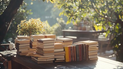 Sunlit garden table piled with novels; an invitation to escape into stories among nature's peaceful backdrop.