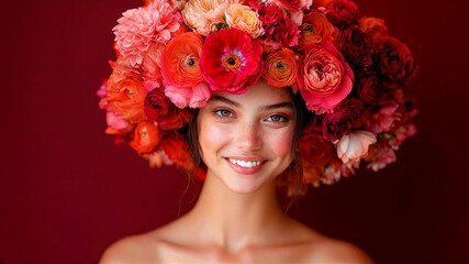 A young woman adorned with a vibrant floral crown showcases the beauty of spring in a warm-hued artistic portrait, emphasizing her natural features and the vividness of blossoms video - Powered by Adobe