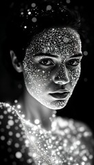Ethereal Portrait with Sparkling Glitter Effect in Black and White Generative AI