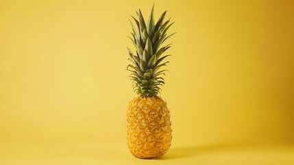 A ripe pineapple stands on a yellow background.