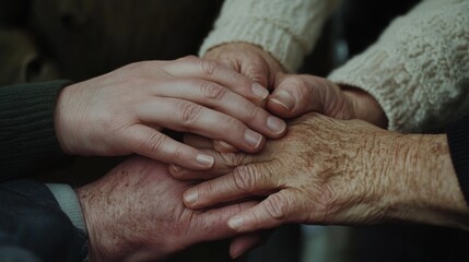Fototapeta premium Gentle hands cradled together, radiating warmth and mutual support, wrapped in the comforting embrace of thick knit sweaters.