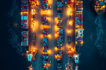 Aerial Night View of Cargo Port with Container Ships and Illuminated Cranes.Tilt-Shift