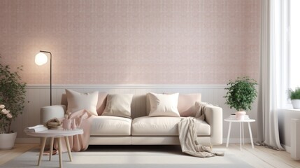 Cozy Living Room with White Sofa and Pink Wall