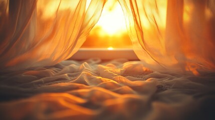 Golden sunlight streams through sheer curtains, illuminating a bed with soft fabric.