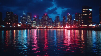 Fototapeta premium A vibrant city skyline at night, reflected in calm waters, paints a symphony of lights and colors, evoking urban wonder and nightlife energy.