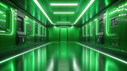 Fototapeta premium Green futuristic hallway with glowing lights and a door at the end.