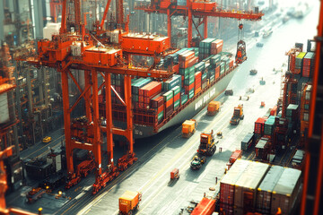 Tilt-Shift Cargo Port Scene with Container Ship and Cranes in Action