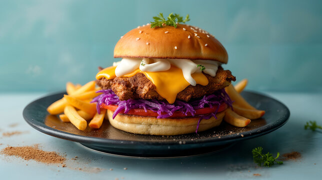 A Gorgeous Display of Kapsalon on a Rich Black Marble Plate Set Against a Calming Light Blue Background