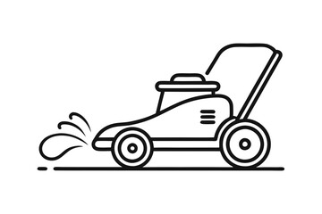Minimalist Line Drawing of Lawn Mower Icon on White Background