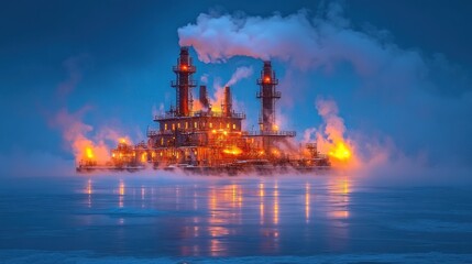 Industrial platform with smoke stacks and lights in the middle of frozen sea at dusk.
