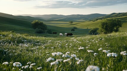 A picturesque landscape of rolling hills and meadows dotted with cows under a vast sky, embodying the quintessence of pastoral peace and beauty.