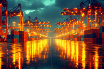 Fototapeta premium Illuminated Cargo Port at Night with Reflections on Wet Surface