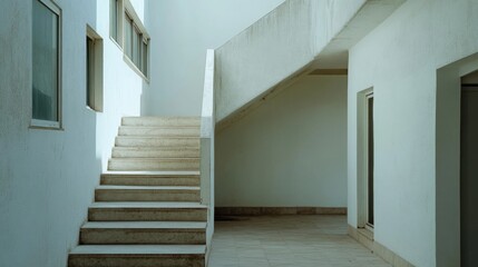 Sunlit stairs in a white, minimalist building lead to different floors, creating a tranquil, modern architectural space.