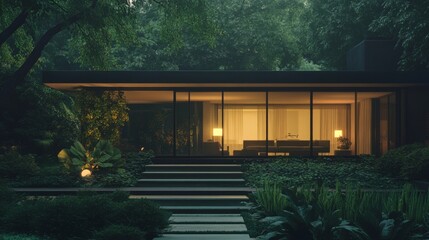 Fototapeta premium A modernist glass house glows softly amid lush green foliage, exuding tranquility and architectural harmony with nature.