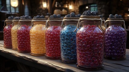 Jars of colorful candies with blackberries on top.