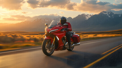 A glossy sports motorcycle speeding down an open road at sunrise with mountains and clouds in the background.