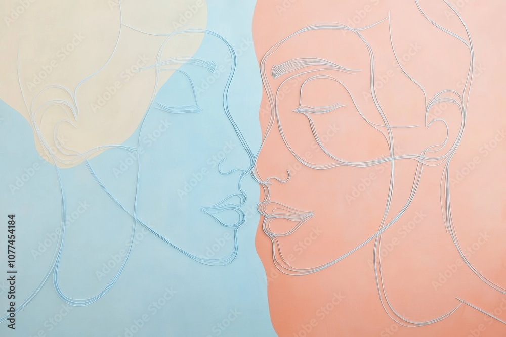 Fototapete two abstract silhouettes in soft pastels interact closely, conveying a sense of empathy and understa