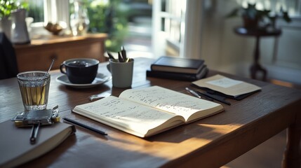 A sunlit desk with an open notebook and hot beverages radiates a warm, inviting ambiance, inspiring creativity and productivity.