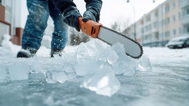 A close-up of shattered ice being sawed by a chainsaw, with the focus on icy fragments flying, showcasing a precise, gritty winter task.