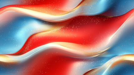 Vibrant abstract waves with red and blue curves and golden particles in motion