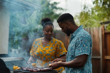 Couple enjoys backyard BBQ on a sunny day