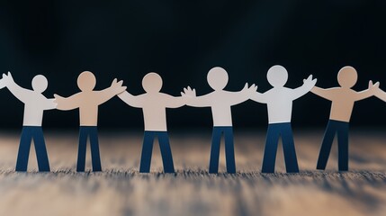 Paper cutout figures holding hands in a row, representing unity and teamwork, positioned on a wooden surface with a dark background.