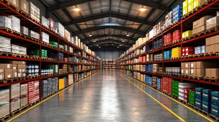 Fototapeta premium Large warehouse with rows of shelves stocked with boxes and products.