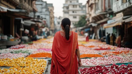 A woman in a vibrant red sari walks through a bustling flower market, surrounded by vivid blooms and colorful stalls.