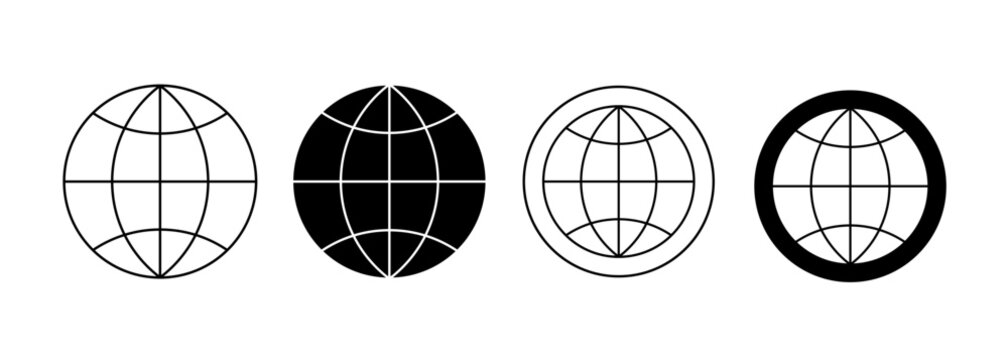 Set of four icons in the form of globes with latitude and longitude lines. Global search icon. Suitable for web design and interfaces.