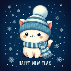 Christmas card with cute kitten. Happy new year. Winter illustration, social media post