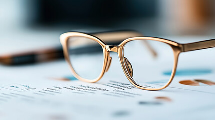 Close-up of eyeglasses placed on printed documents with financial charts and graphs, showing focus on analytical data review and business analysis concepts