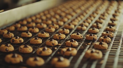 Fototapeta premium Rows of freshly baked chocolate chip cookies cool on a rack, filling the air with a warm, inviting aroma of sweetness and comfort.