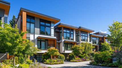 Nowoczesny, elegancki szeregowiec z dużymi oknami i bujną zielenią wokół, położony w spokojnej, nowoczesnej dzielnicy mieszkalnej.