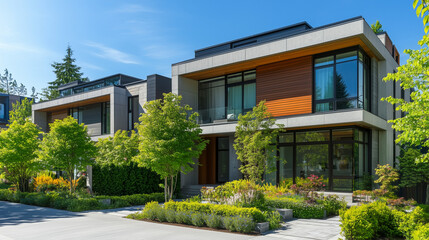 Nowoczesny, elegancki szeregowiec z dużymi oknami i bujną zielenią wok&oacute;ł, położony w spokojnej, nowoczesnej dzielnicy mieszkalnej.