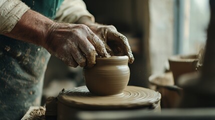 Weathered hands shape wet clay on a pottery wheel, capturing the intimate process of creation in a sunlit studio.