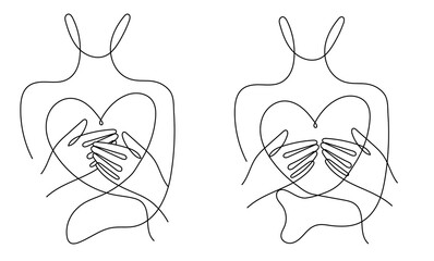 Minimalist line drawing of embracing couple forming a heart with hands