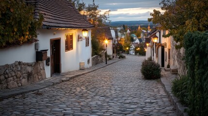 Obraz premium A picturesque cobblestone street lined with quaint houses, lit by warm street lamps as dusk settles over the village.