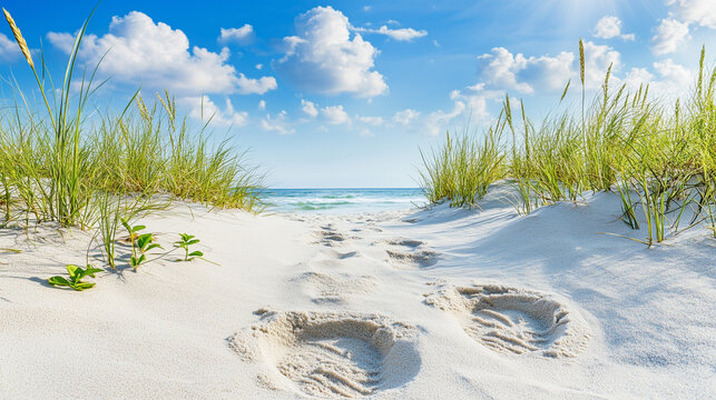 Ślady st&oacute;p na złotym piasku prowadzą przez delikatne wydmy, a nad nimi rozciąga się jasne, błękitne niebo z rozproszonymi, miękkimi chmurami.